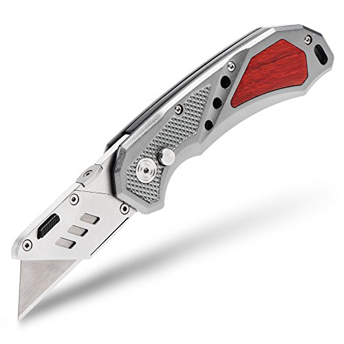 FC Folding Heavy Duty Utility Knife - Pocket Box Cutter with Holster, Quick Change Blades, Razor Sharp, Lockback Design, Lightweight Aluminum Body & Wood Trim