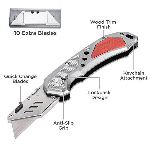 FC Folding Heavy Duty Utility Knife - Pocket Box Cutter with Holster, Quick Change Blades, Razor Sharp, Lockback Design, Lightweight Aluminum Body & Wood Trim