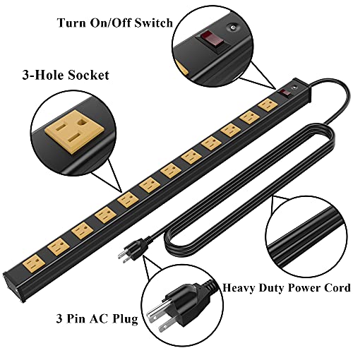 12 Outlets Heavy Duty Metal Socket Power Strip,Oviitech 6-Foot Long Extension Cord with Circuit Breaker. Mounting Brackets Included,Workshop/Industrial use, ETL Certified，Yellow