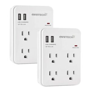 multi-functional wall mount outlet,surge protector,oviitech 4-outlet with usb 2.1a charging ports socket outlets adapter,1875 w,450 joules,white,etl listed,2 pack