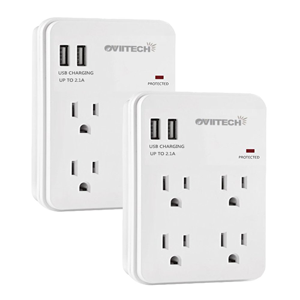 Multi-Functional Wall Mount Outlet,Surge Protector,OviiTech 4-Outlet With USB 2.1A Charging Ports Socket Outlets Adapter,1875 W,450 Joules,White,ETL Listed,2 Pack