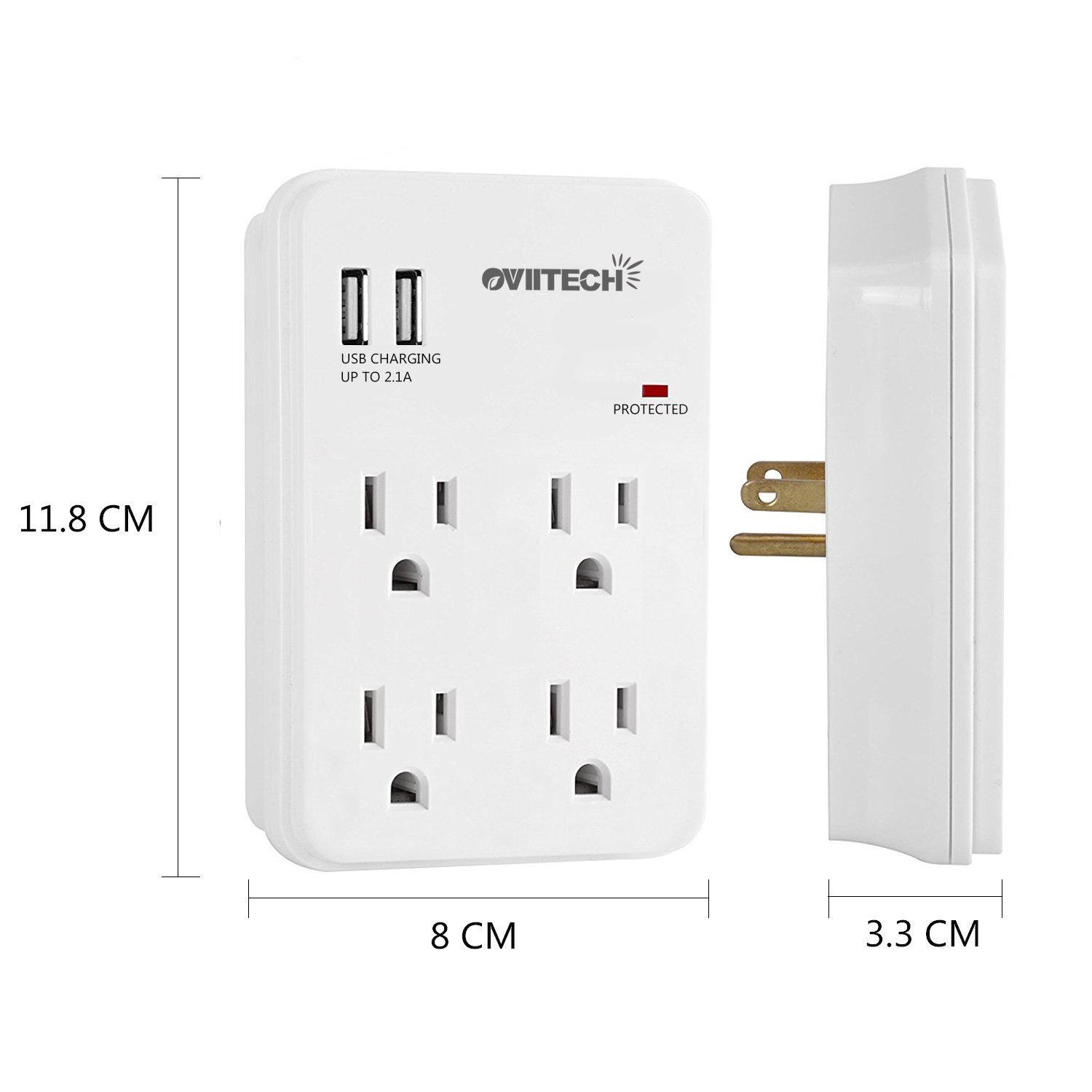 Multi-Functional Wall Mount Outlet,Surge Protector,OviiTech 4-Outlet With USB 2.1A Charging Ports Socket Outlets Adapter,1875 W,450 Joules,White,ETL Listed,2 Pack