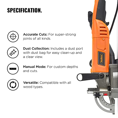 VonHaus 8.5 Amp Wood Biscuit Plate Joiner with 4" Tungsten Carbide Tipped Blade, Adjustable Angle and Dust Bag - Suitable For All Wood Types