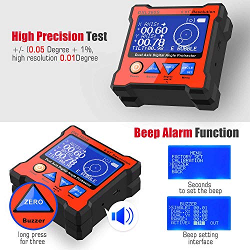 Digital Protractor DXL360S GYRO + Gravity 2 in 1 Digital LCD Protractor Inclinometer Dual Axis Level Box 0.01°Resolution