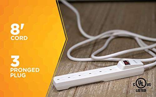 Woods 41436 Power Strip with 6 Outlets and Overload Safety Switch, 8 Foot Cord, White