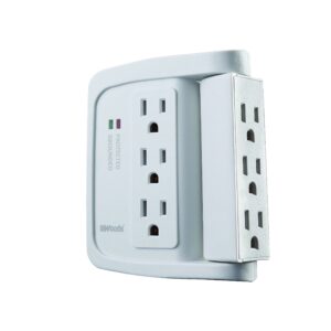 Woods 41423 Space-Saving Power Adapter Surge Protector with 6 Outlets in Which 90° for 1440J of Protection, White