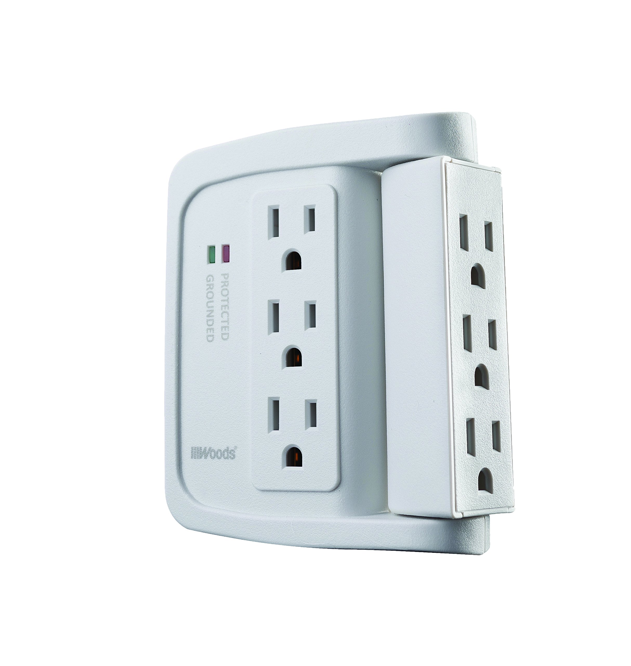 Woods 41423 Space-Saving Power Adapter Surge Protector with 6 Outlets in Which 90° for 1440J of Protection, White