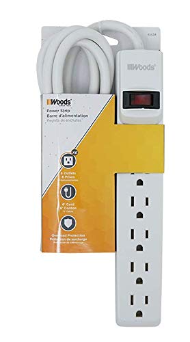 Woods 41434 Power Strip with 6 Outlets and Overload Safety Feature, 6 Foot Cord, White