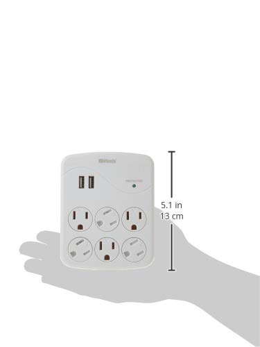 Woods 41079 Surge Protector with 6 Outlets and 2 USB Type A Ports with 1000J of Protection, White