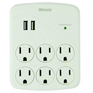 woods 41079 surge protector with 6 outlets and 2 usb type a ports with 1000j of protection, white