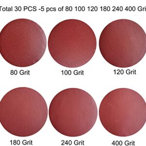 30 PCS 8-Inch NO-Hole PSA Aluminum Oxide Sanding Disc, Self Stick(5 Each of 80 100 120 180 240 400)