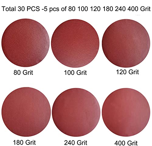 30 PCS 8-Inch NO-Hole PSA Aluminum Oxide Sanding Disc, Self Stick(5 Each of 80 100 120 180 240 400)