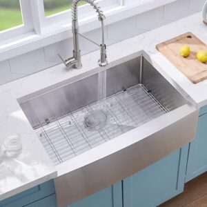 vccucine farmhouse sink, 30 inch stainless steel farmhouse kitchen sink, undermount drop in single bowl basin apron sink, brushed nickel farm sink with dish and drain assembly