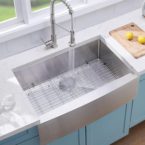 VCCUCINE Farmhouse Sink, 30 Inch Stainless Steel Farmhouse Kitchen Sink, Undermount Drop in Single Bowl Basin Apron Sink, Brushed Nickel Farm Sink With Dish And Drain Assembly