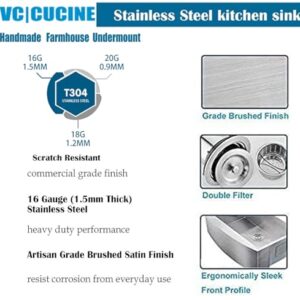 VCCUCINE Farmhouse Sink, 30 Inch Stainless Steel Farmhouse Kitchen Sink, Undermount Drop in Single Bowl Basin Apron Sink, Brushed Nickel Farm Sink With Dish And Drain Assembly