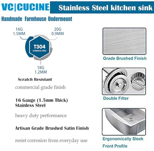 VCCUCINE Farmhouse Sink, 30 Inch Stainless Steel Farmhouse Kitchen Sink, Undermount Drop in Single Bowl Basin Apron Sink, Brushed Nickel Farm Sink With Dish And Drain Assembly