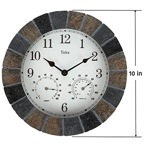 Lily's Home Hanging Wall Clock, Includes a Thermometer and Hygrometer and is Ideal for Indoor and Outdoor Use, Faux-Slate (10 Inches)