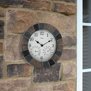 Lily's Home Hanging Wall Clock, Includes a Thermometer and Hygrometer and is Ideal for Indoor and Outdoor Use, Faux-Slate (10 Inches)