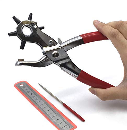 Adorox Heavy Duty 6 Size Revolving Leather Belt Hand Hole Puncher (Ruler & Deburring File Included)