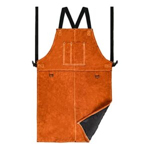 leather welding work apron - heat resistant & flame resistant bib apron, flame retardant heavy duty bbq apron, adjustable fit m-xxxl men & women (24" x 36" tan)