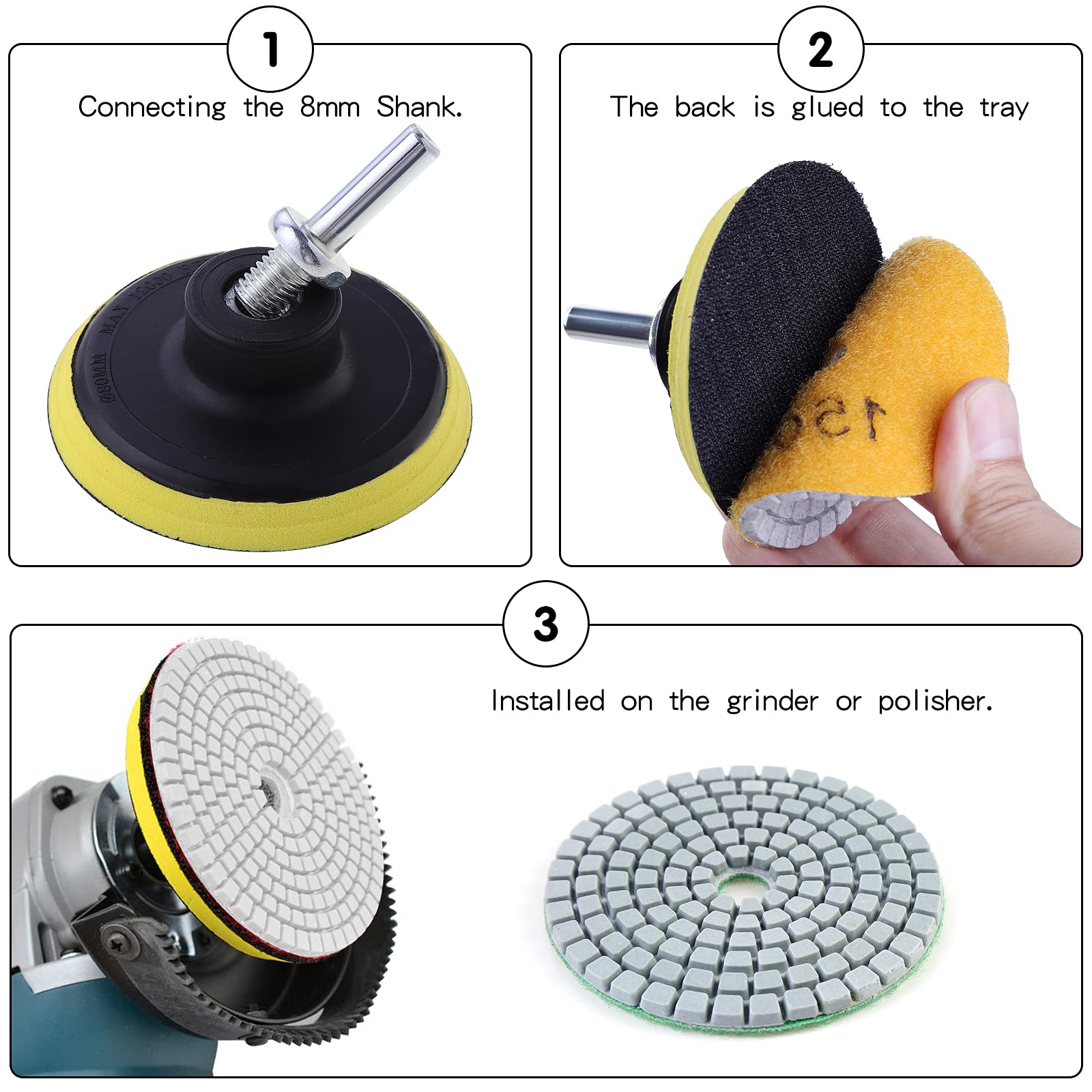 OCR Diamond Polishing Pads 3 inch Wet/Dry Polishing Kit 10pcs 50#-3000# Grit Pads Plus a Backer Pad for Granite Concrete Marble Polishing