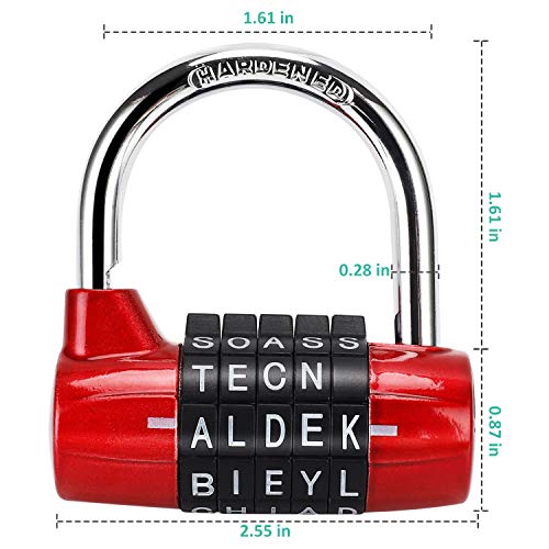 Gym Locker Lock,5 Letter Heavy Duty Alloy Padlock Password Sturdy Security Padlock-Easy to Set Your Own Keyless Resettable Combo-Red