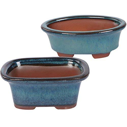 Happy Bonsai Small Glazed Pots, Value Set of 2 + 4 Soft Mesh Drainage Screens