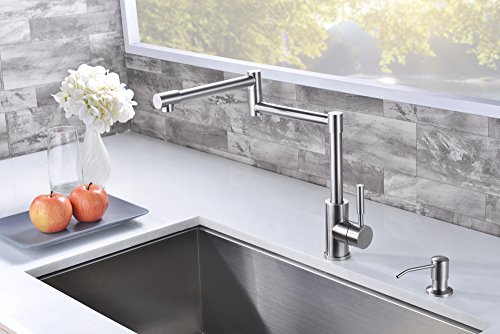 Heouty Modern Single Handle 2 Joints Free Rotating SUS304 Stainless Steel Pot Filler Faucet, Brushed Nickel Deck Mounted Kitchen Sink Faucet