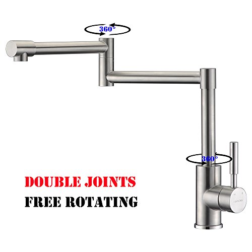 Heouty Modern Single Handle 2 Joints Free Rotating SUS304 Stainless Steel Pot Filler Faucet, Brushed Nickel Deck Mounted Kitchen Sink Faucet