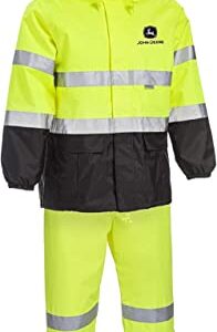 John Deere Unisex High Visability ANSI Class III Rain Suit Jacket and Bib with Color Block, High Visability, Water Resistant, and Reflective 3M Tape, Yellow, Black, Large (JD44530/L)