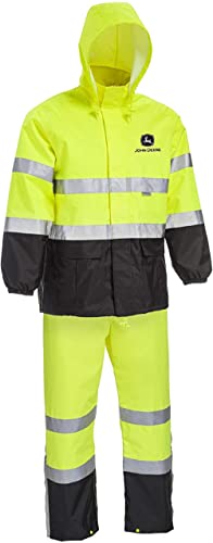 John Deere Unisex High Visability ANSI Class III Rain Suit Jacket and Bib with Color Block, High Visability, Water Resistant, and Reflective 3M Tape, Yellow, Black, Large (JD44530/L)