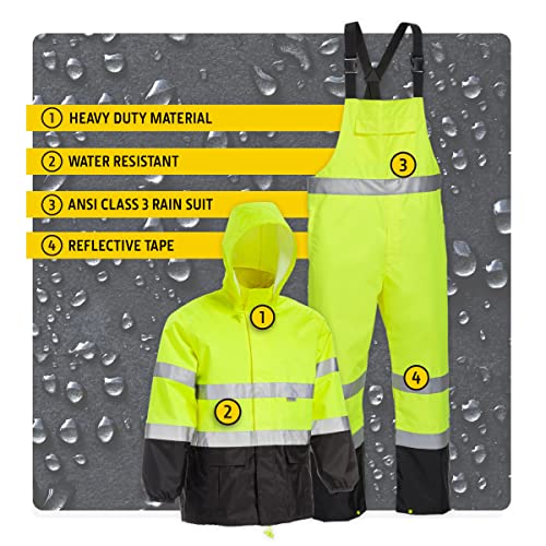 John Deere Unisex High Visability ANSI Class III Rain Suit Jacket and Bib with Color Block, High Visability, Water Resistant, and Reflective 3M Tape, Yellow, Black, Large (JD44530/L)
