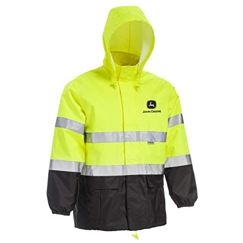 John Deere Unisex High Visability ANSI Class III Rain Suit Jacket and Bib with Color Block, High Visability, Water Resistant, and Reflective 3M Tape, Yellow, Black, Large (JD44530/L)