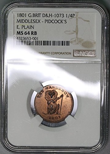 1801 UK Great Britain Conder Token WANDEROW Pidcock's Middlesex D&H 1073 (16091101C) Farthing Mint State NGC MS 64 RB