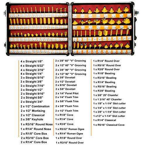 8milelake 100 pcs 1/4inches Shank Router Bit Set Tungsten Carbide Tips Woodworking Kit, Dovetails, Slot Cutters & Straight Router