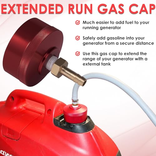 Extended Run Gas Cap with Brass Hose Fitting, Mess Free Oil Change Funnel, Magnetic Oil Dipstick Upgrade Red Aluminum for Honda EU3000i EU2000i EU1000i Generator