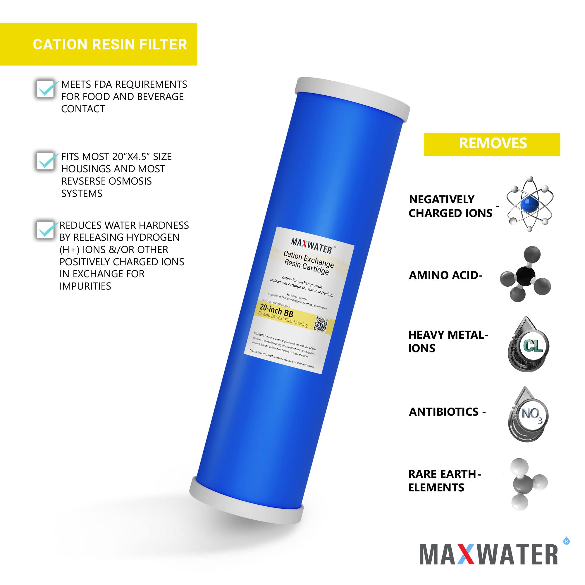 (1 Pack) Calcium, Magnesium TDS Hardness Reduction Water Softening 20" x 4.5" Cation Resin Filter Compatible with 20" BB Whole House Water Filter Systems