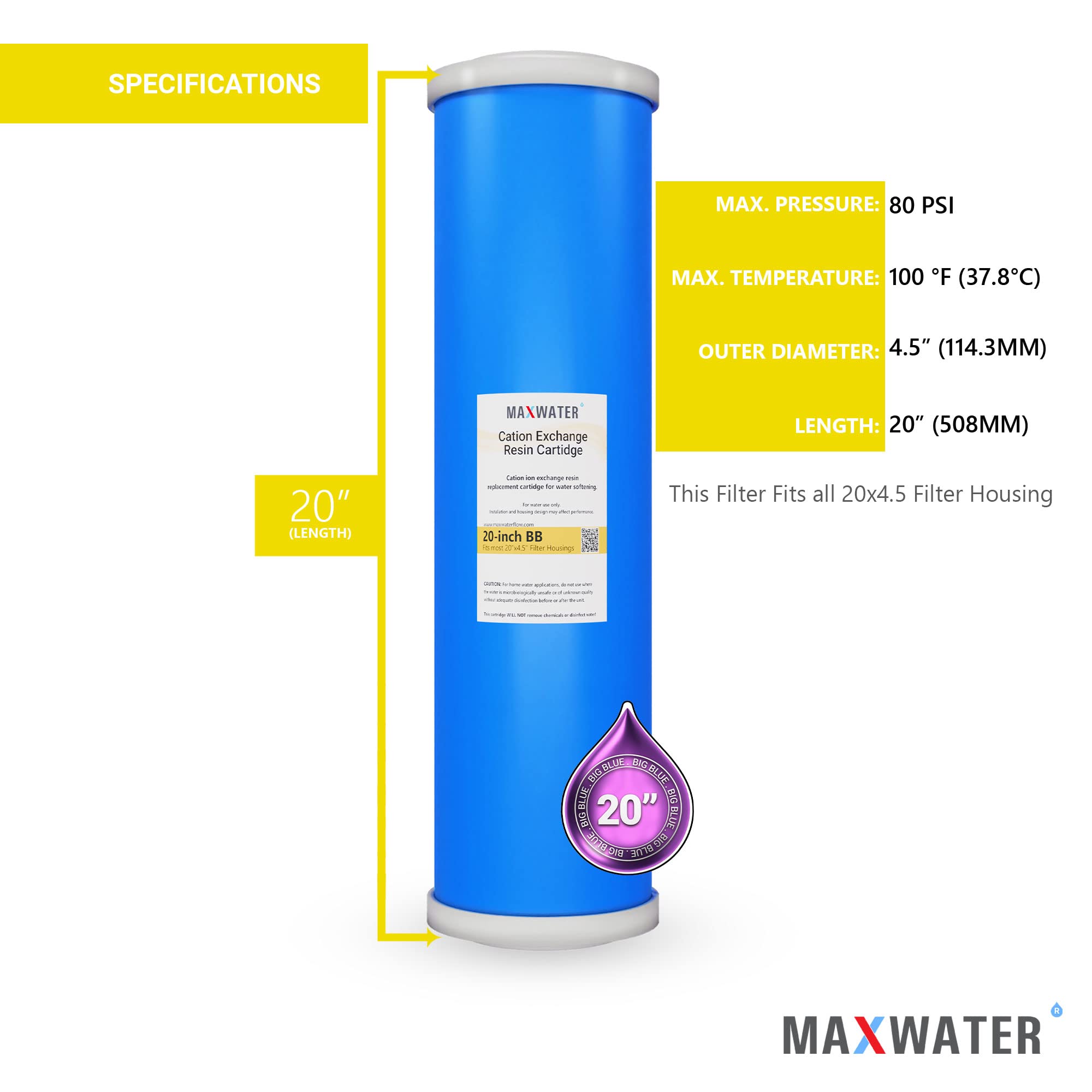 (1 Pack) Calcium, Magnesium TDS Hardness Reduction Water Softening 20" x 4.5" Cation Resin Filter Compatible with 20" BB Whole House Water Filter Systems