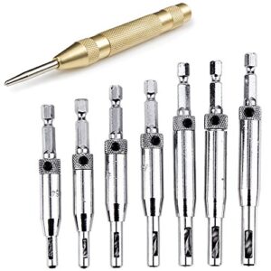 hifrom door drill bit set with automatic center punch,doors self centering hinge tapper core drill bit set,hole puncher woodworking tools 5/64" 7/64" 9/64" 11/64" 13/64" 5mm 1/4"