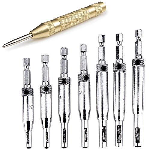 HIFROM Door Drill Bit Set with Automatic Center Punch,Doors Self Centering Hinge Tapper Core Drill Bit Set,Hole Puncher Woodworking Tools 5/64" 7/64" 9/64" 11/64" 13/64" 5mm 1/4"