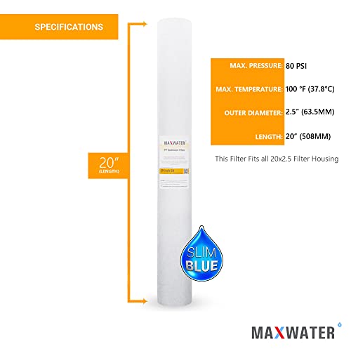 Max Water Slim Blue 5 Micron 20 inch x 2.5 inch Whole House Melt-Blown Polypropylene Sediment Water Filter Replacement Cartridge (Pack of 25)
