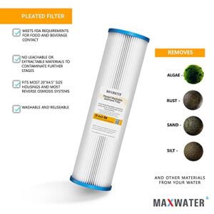 Max Water 20 x 4.5 inch Whole House Pleated Sediment Water Filter - 10 Micron - Compatible with 20" BB Whole House Water Filtration Systems