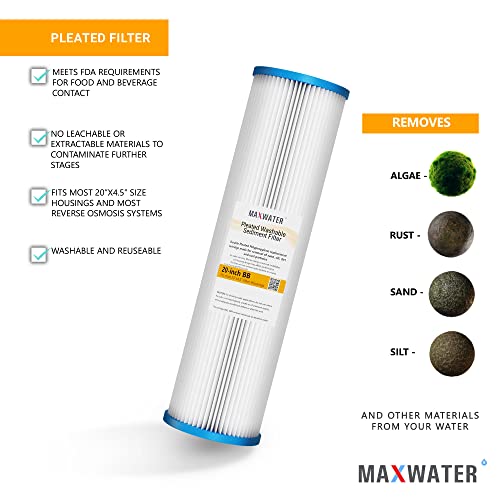 Max Water 20 x 4.5 inch Whole House Pleated Sediment Water Filter - 10 Micron - Compatible with 20" BB Whole House Water Filtration Systems