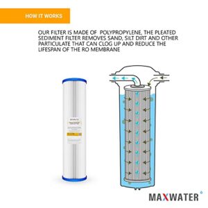 Max Water 20 x 4.5 inch Whole House Pleated Sediment Water Filter - 10 Micron - Compatible with 20" BB Whole House Water Filtration Systems