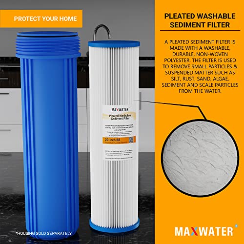 Max Water 20 x 4.5 inch Whole House Pleated Sediment Water Filter - 10 Micron - Compatible with 20" BB Whole House Water Filtration Systems