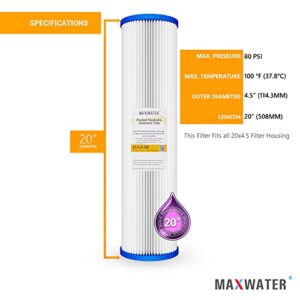 Max Water 20 x 4.5 inch Whole House Pleated Sediment Water Filter - 10 Micron - Compatible with 20" BB Whole House Water Filtration Systems