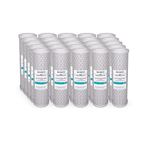 Max Water CTO 5 Micron, 10" x 2.5" Replacement Filter Cartridge, Coconut Shell Carbon Block for Whole House Water Filtration System and Standard RO (Reverse Osmosis) Filters - Pack of 25