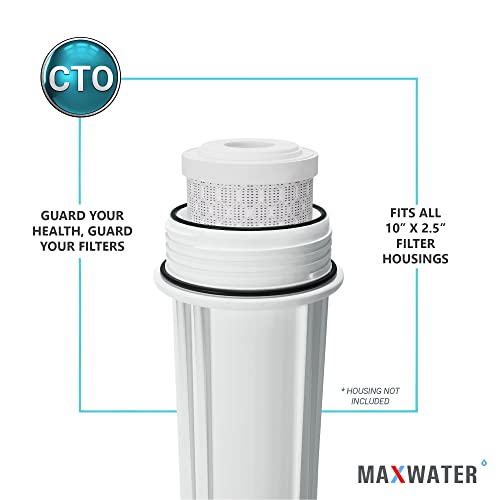 Max Water CTO 5 Micron, 10" x 2.5" Replacement Filter Cartridge, Coconut Shell Carbon Block for Whole House Water Filtration System and Standard RO (Reverse Osmosis) Filters - Pack of 25