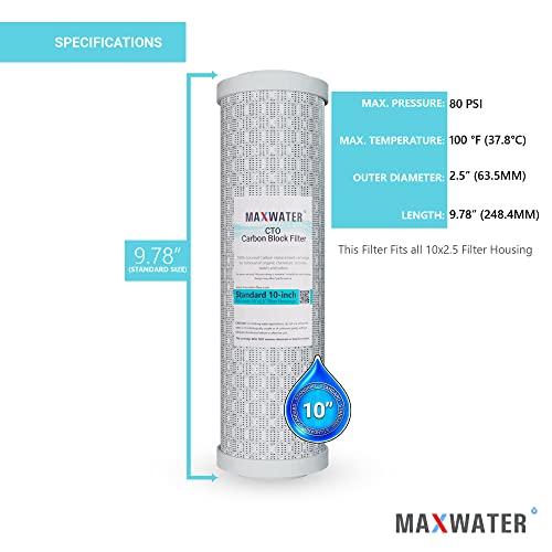 Max Water CTO 5 Micron, 10" x 2.5" Replacement Filter Cartridge, Coconut Shell Carbon Block for Whole House Water Filtration System and Standard RO (Reverse Osmosis) Filters - Pack of 25