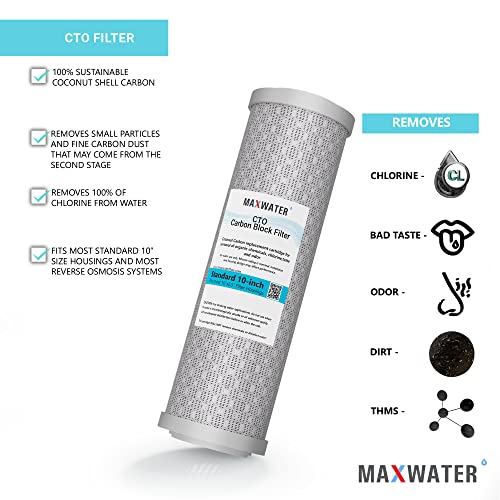 Max Water CTO 5 Micron, 10" x 2.5" Replacement Filter Cartridge, Coconut Shell Carbon Block for Whole House Water Filtration System and Standard RO (Reverse Osmosis) Filters - Pack of 25